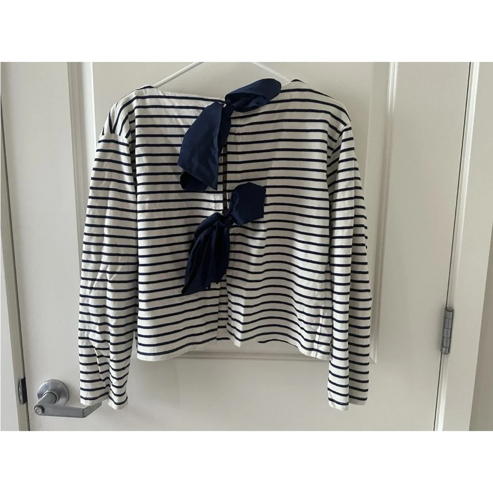 J. Crew Navy and White Striped Bow Back Blouse - Picture 7 of 8